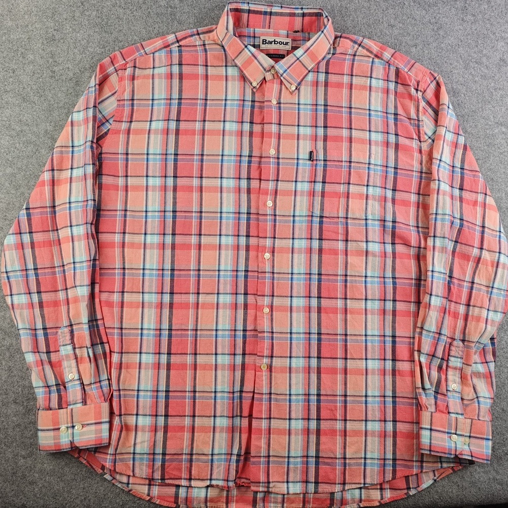 Barbour Shirt Mens 2XL Pink Plaid Oxford Check 3 Tailored Fit Brushed Cotton